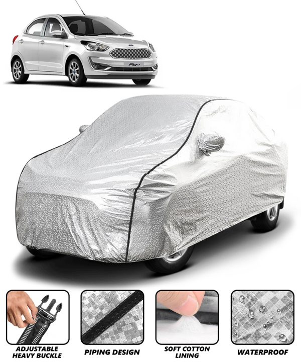Carzex Waterproof & Heat Resistant Metallic Silver With Black Border Car Body Cover with Mirror Pockets For Ford Figo New